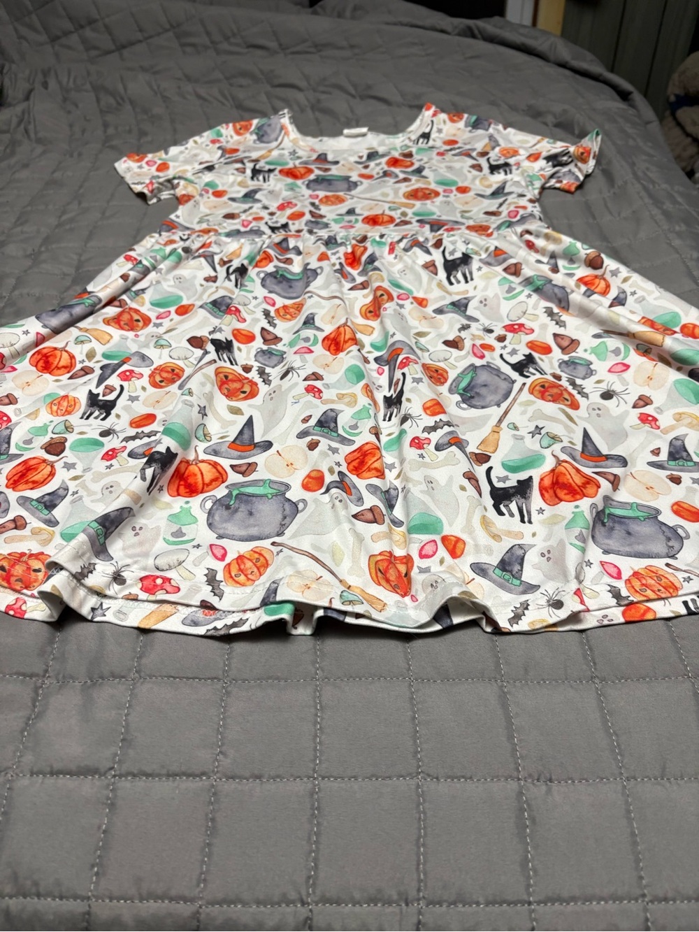 Girls' Halloween Pumpkin Print Twirl Dress - White/Orange